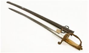 19thC German Naval Sword And Scabbard, With Brass Pierced Hilt And Ivory Grip.