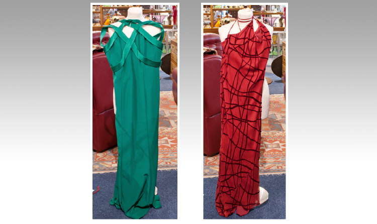 Two Evening Dresses In Emerald Green And Red, Pearce Fionda & Mandy Sisson.