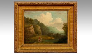 English Landscape Oil on Board, original condition in manner of Barker of Bath. 18th century, signed