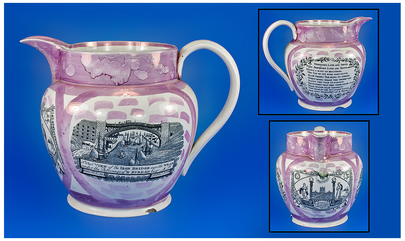 Sunderland Fine Masonic Lustreware Large Jug of Dutch shape. Circa 1850`s decorated with a print.