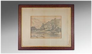 Victorian Framed Pencil Etching `Cathedral on Waters Edge`. Dated 1850. 15 by 11 inches.