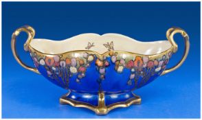 Crown Devon Art Deco Lustrine Two Handled `Gondola` Bowl. Floral decoration on blue ground with gilt