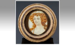 Mid Victorian Miniature Portrait, Painting on ivory of a young red headed woman within a circular