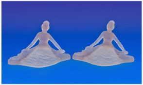 Pair of Art Deco Style Frosted Glass Figures, each of a lady performing ballet, in a salmon pink