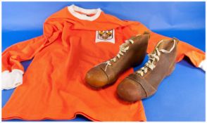 A pair of Antique Leather football boots, with a blackpool football shirt Circa 1960`s.