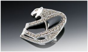 Silver Marcasite And Onyx Brooch, In The Form Of A Stylised Big Cat. Stamped 925.