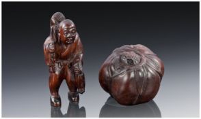 Two Hand Carved Solid Wood Japanese Style Netsukes.