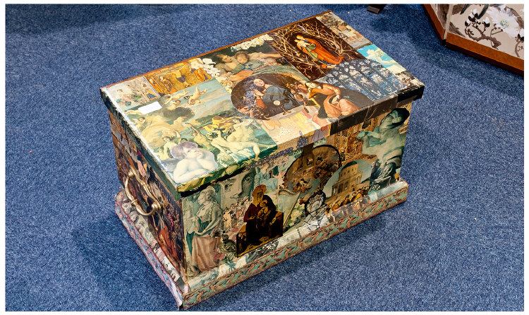 Decoupage Trunk. Approximately 30 by 12 by 12 inches.
