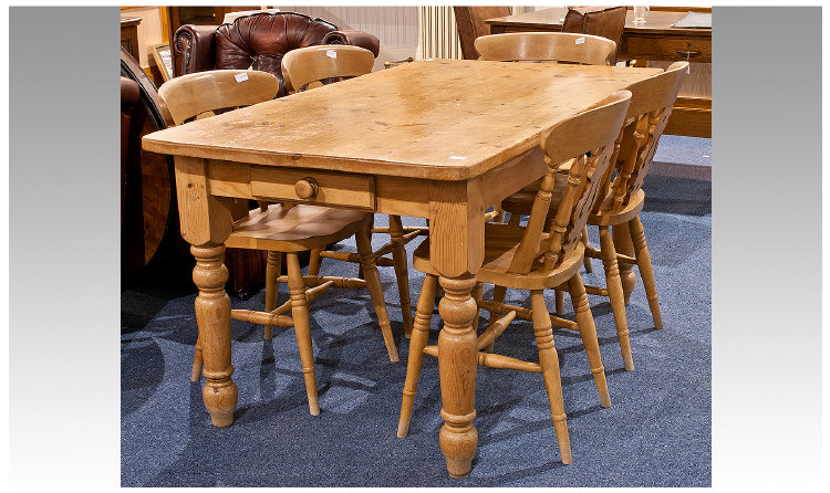 Modern Pine Kitchen Dining Table, in the Victorian style, with solid top, fitted with single drawer,