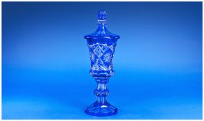 Overlay Blue Glass Vase And Cover, Height 14 Inches. (Chipped To The Lids Inner Rim)