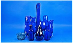 Collection of Blue Hobnail Glass Including wine glass, tall vase, stemmed vase, bottles etc. (12