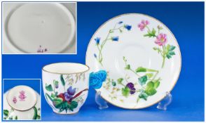 Mintons Butterfly Handled Cup & Saucer. Date mark 1869 wild flower decoration with blue butterfly