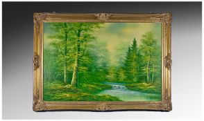 C Helen Framed Oil on Canvas.` Lakeland Woodland Scene`. Gilt frame. 35 by 23.5 inches.