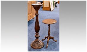 20th Century Torchere, in turned beech, together with a small tripod wine table, the torchere