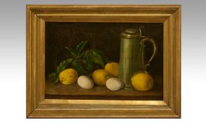 Framed Oil on Canvas `Still Life`. Gilt Frame. 17 by 12 inches.