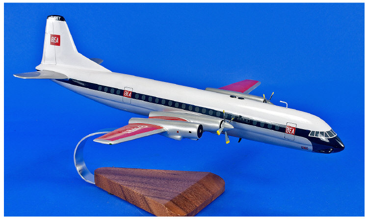Model Aeroplane `Vickers Vanguard`, presented on mahogany stand.`This model is hand carved from