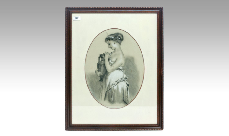 Victorian Charcoal Signed Drawing. `Lady with Water Jug`. 12 by 16.5 inches.