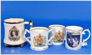 Aynsley and Coverswall Queen Elizabeth II Ceramic commemorative mugs. 4 in total. Various Sizes.