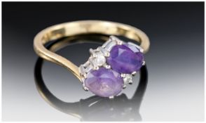 18ct Gold Amethyst & Diamond Ring, Two Oval Amethysts Set Between Two Brilliant Cut Diamonds,