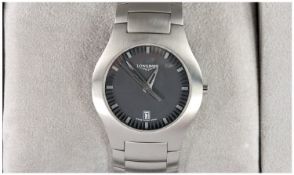 Longines Gentleman`s Steel Watch and Bracelet, Centre Seconds Hand, Baton Markers Date Aperture @
