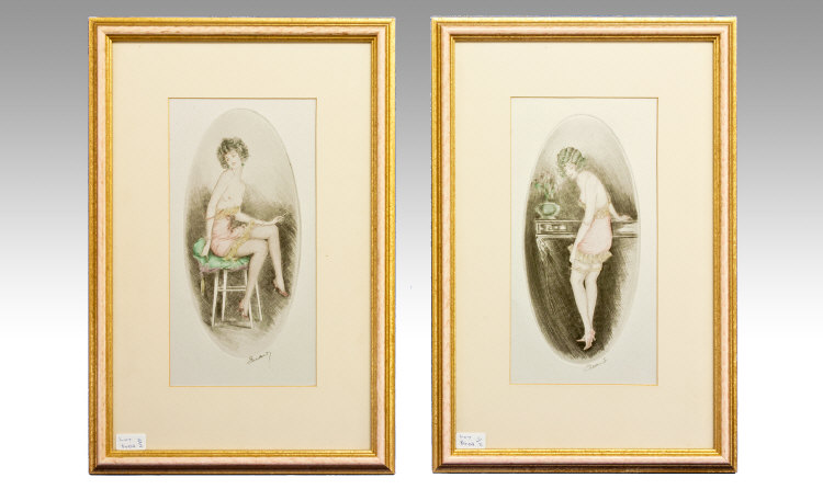 Art Deco-Hand finished Pair of fine Pencil Signed Dry point Aquatintis Etchings. `Boudoir`