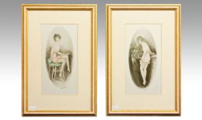 Art Deco-Hand finished Pair of fine Pencil Signed Dry point Aquatintis Etchings. `Boudoir`