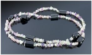 Multi Shaded Fluorite and Black Onyx Necklace, natural lavender, pale green, pale blue and lemon