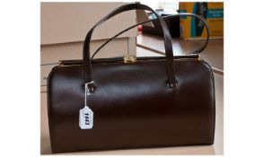 Ladies Brown Leather MacLaren Handbag, smooth satin finish, frame style with gold coloured