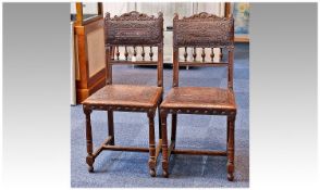 Pair of Late Victorian Hall Chairs, circa 1880, beech framed, with padded embossed backs, spindle