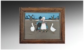 Ethel Parkinson Framed Print `Dutch Scene`, depicting children with geese, in oak frames. 8 by 6