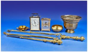 Collection of Brassware including two Quartz carriage clocks, planter, fireside accessories etc