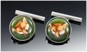 Gents Set Of Silver Cufflinks, Of Circular Form With Chain Links, The Fronts Showing Foxes Heads.