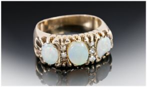 18ct Gold Opal & Diamond Ring, Set With Three Opals Set Between Diamond Set Spacers, Unmarked