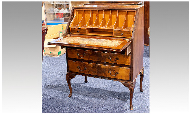 Walnut Veneered Bureau, with fall opening to reveal sliding section, containing multiple pigeon