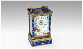 Brass And Enamel Repeating Carriage Clock, Strikes on a Bell 1/2 & Hour. Hand Painted Dial, Stands
