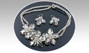 Butler and Wilson Style Silver Grey Crystal Flower Necklace and Earrings, the necklace comprising