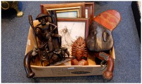 Misc Box Of Collectables, Replica Musket, Prints, Wood Carvings etc