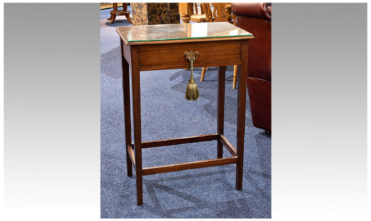 Small Mahogany Side Table, with removable glass top, single drawer, brass handle, measuring 30