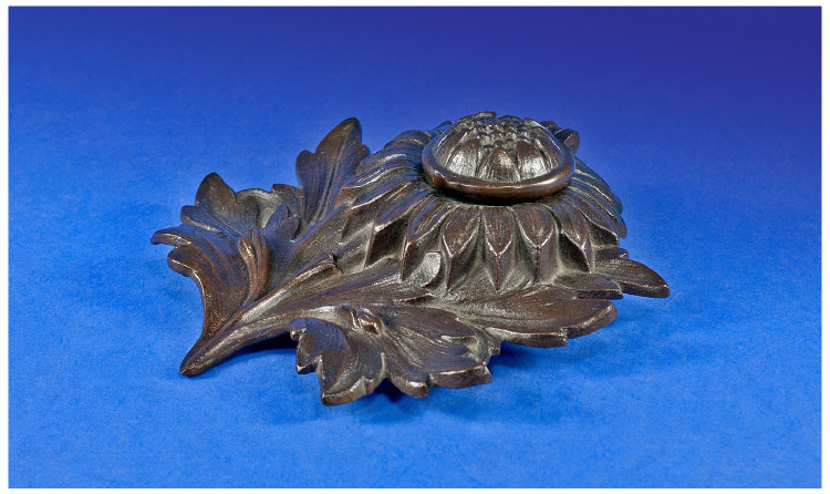 Aesthetic Movement Bronze Sunflower inkwell. Circa 1880. 6.5`` in height.