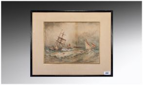 John Taylor Allerston 1828-1914. Ships in rough seas, Yorkshire coast. Watercolour. Signed & Dated