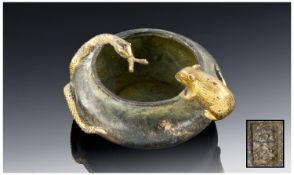 Small Japanese, Antique Patinated Metal Bowl; with applied models of a snake and rat. 3.5 inches