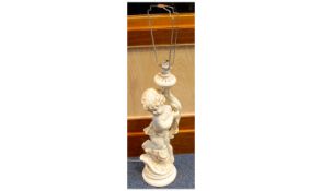Large Classical Figural Table Lamp, in the form of a boy by a branch, raised on a plinth base,