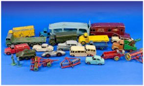 Collection of Dinky toys, including vans, trasporters, tanks, farm equipment and cars.