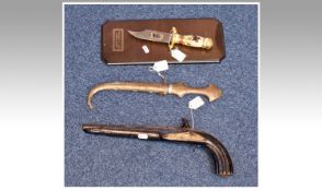 Three Display Items, Comprising Robert E Lee Bowie Knife, Ottoman Empire Style Knife And Flintlock