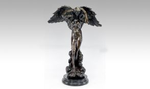 Large Art Deco Gothic Angel Bronze Statue, Nude Sculpture raised on a circular stepped base.