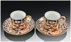 Pair Of Crown Derby Imari Pattern 2451, Coffee Cans And Saucers. c1914