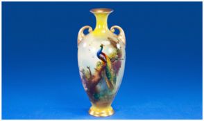 Royal Worcester Two Handle Handpainted Vase Signed Southall, date 1908. Pheasant in a woodland