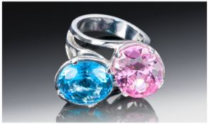 14ct White Gold Pink And Blue Topaz Ring, Set With A Large Round Blue And Oval Pink Topaz, Stamped