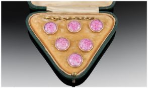 1930`s Fine set of six pink Bakelite and gold plated studs with a triangle shaped box.