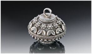 An Unusual Cauldron Shaped Sterling Silver Scent Holder. Decorated in relief with stylised leaves,
